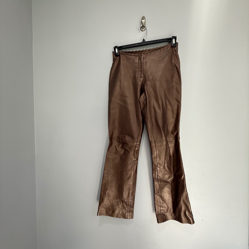 Vtg Cache Leather Pants Women's Sz 4 Brown High Rise Flare Leg Laced‎ Waist Y2K